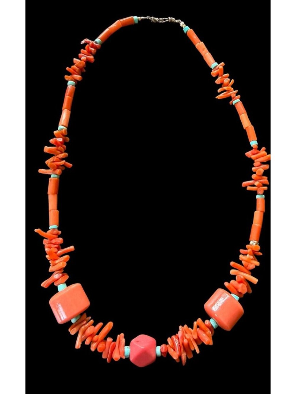 Vintage Natural Coral Turquoise Beaded Necklace Southwestern Sterling Silver
